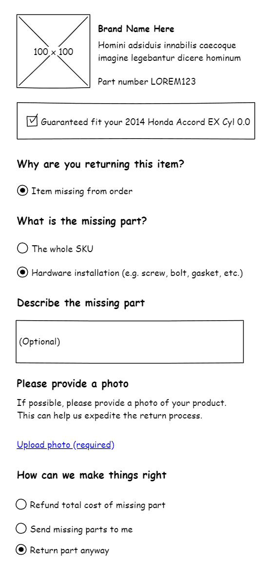 Wireframe of Returns Flow on Mobile - Screen 2