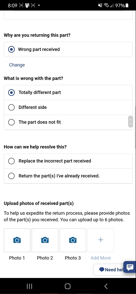 Mock-up of Product to be Returned on Mobile - Screen 1