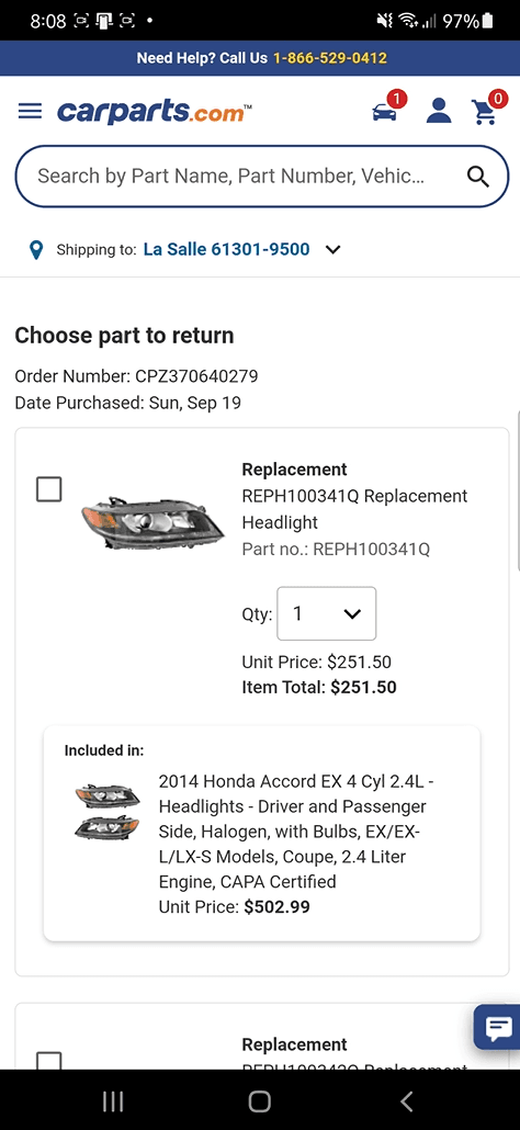 Mock-up of Product to be Returned on Mobile - Screen 1