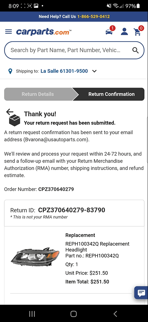 Mock-up of Return Confirmation on Mobile - Screen 1